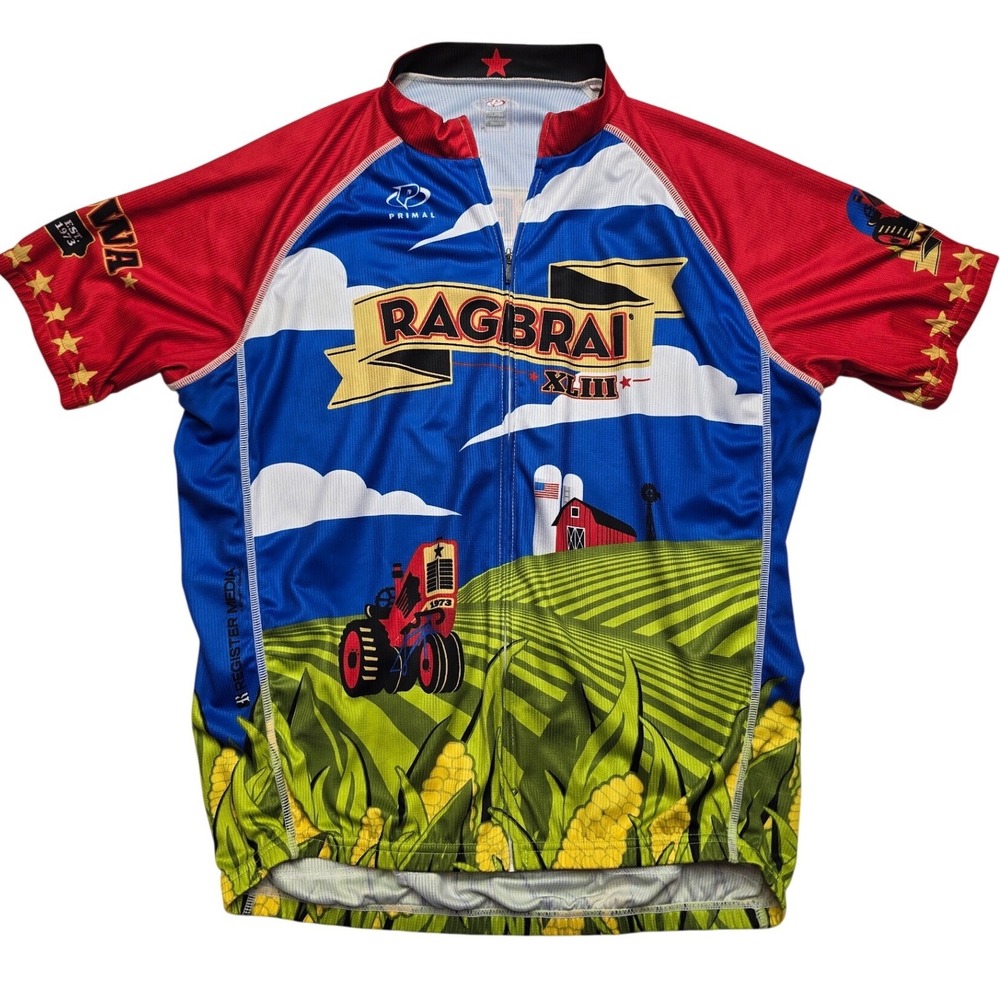 Primal RAGBRAI XLIII 2015 Cycling Jersey Farm Tractor Iowa Blue Red Men XL